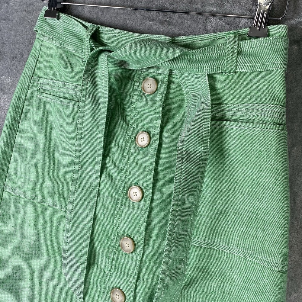 J Crew Skirt Womens Sz 2 Green Button Front Stretch Linen Midi Classic Twee Cute - Picture 3 of 12